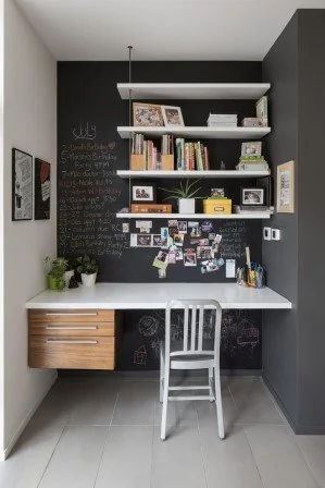 Oficina contemporánea en blanco y negro en un pasillo con pared de pizarra
