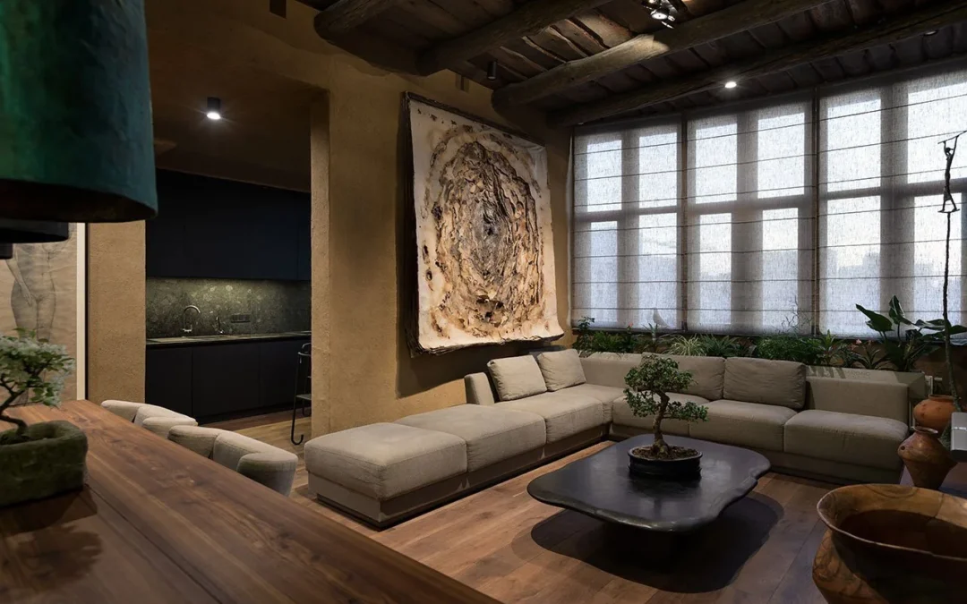 Salón Wabi Sabi: techos de madera a la vista